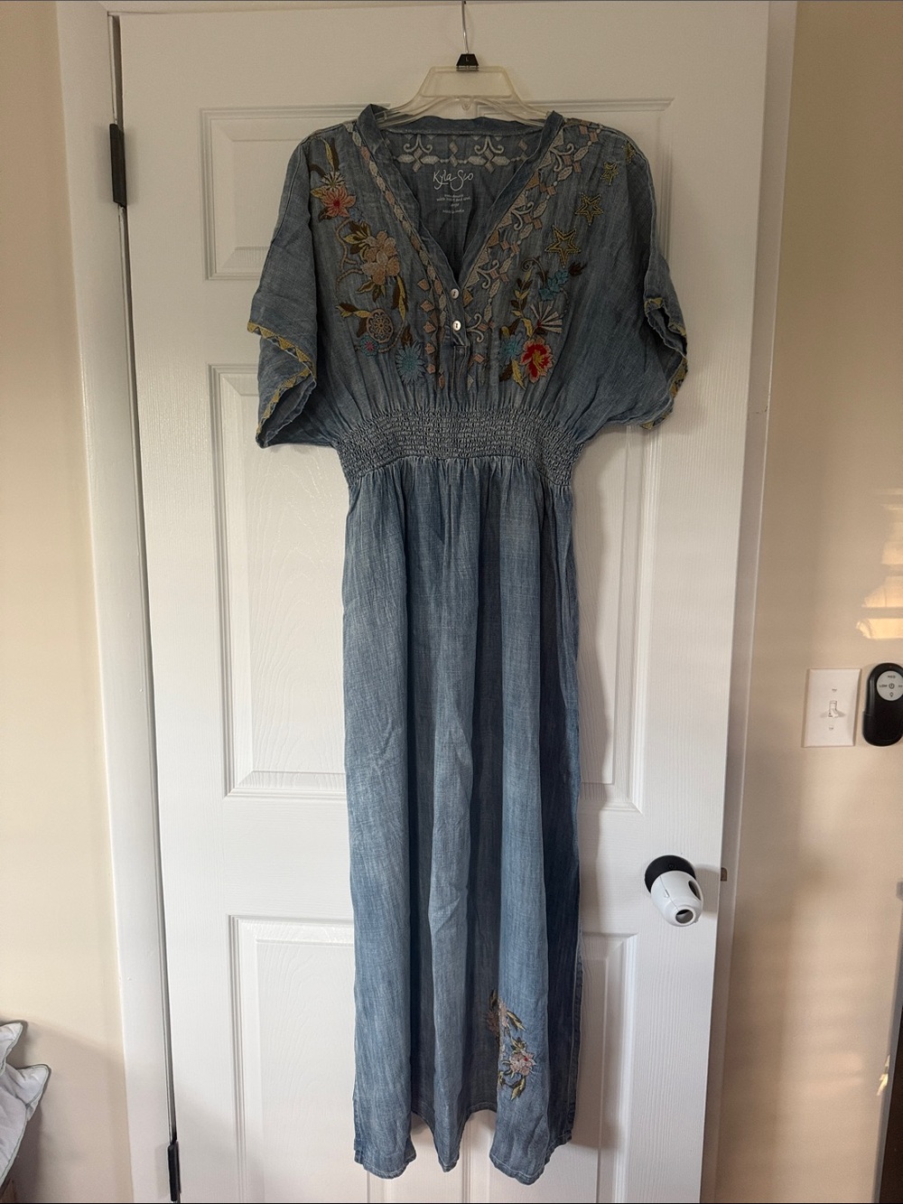 Light Blue Embroidered Maxi Dress with Smocked Waist